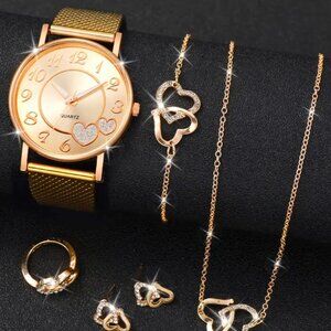 New 6pc Quartz Watch Golden in Color with Necklace, Bracelet Earring & Ring Set